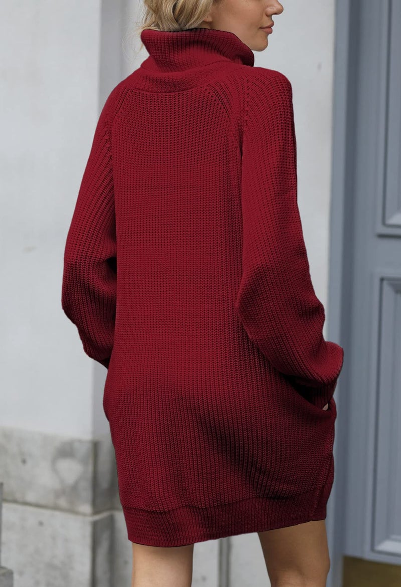 Pink Queen Women's Loose Turtleneck Oversize Long Pullover Sweater Dress Wine Red XL - Image 3